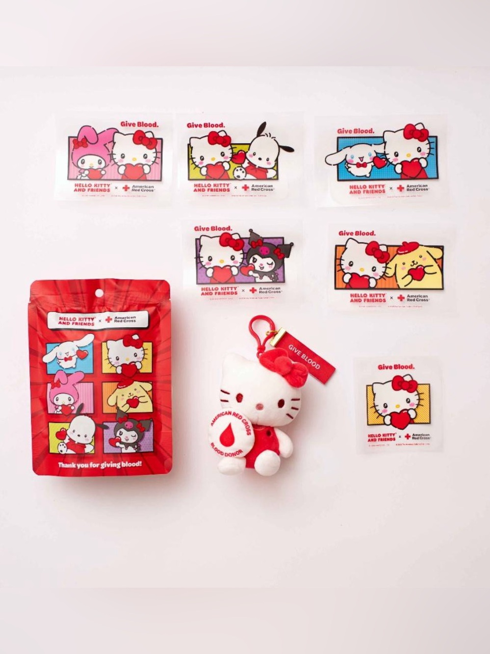 Hello Kitty Red Cross Blind Plush Bag and Stickers (unopened)